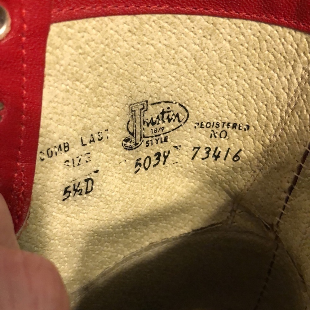 Vintage JUSTIN Boots RED Roper Size 5.5 D Style 503Y Registered NO. 73416 - Picture 8 of 16